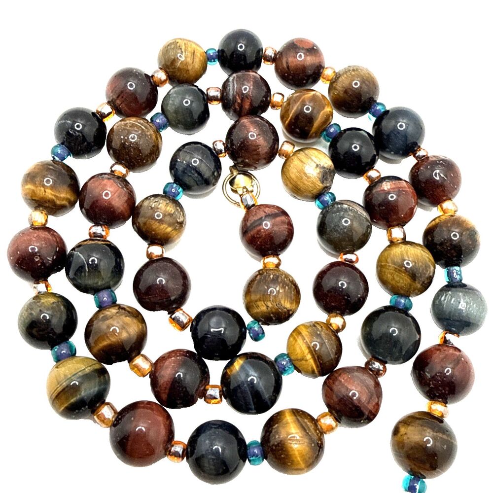 Vtg Tri-Color Tiger’s Eye Bead Necklace Brown Red Blue Natural Stone 19" Boho